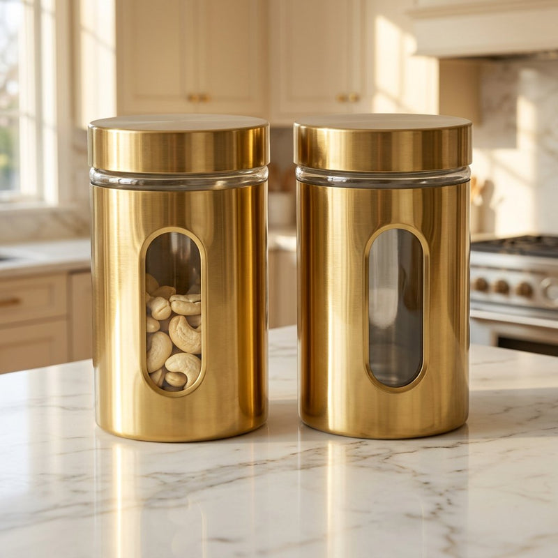 Gold Finish Storage Jar Set with Viewing Window