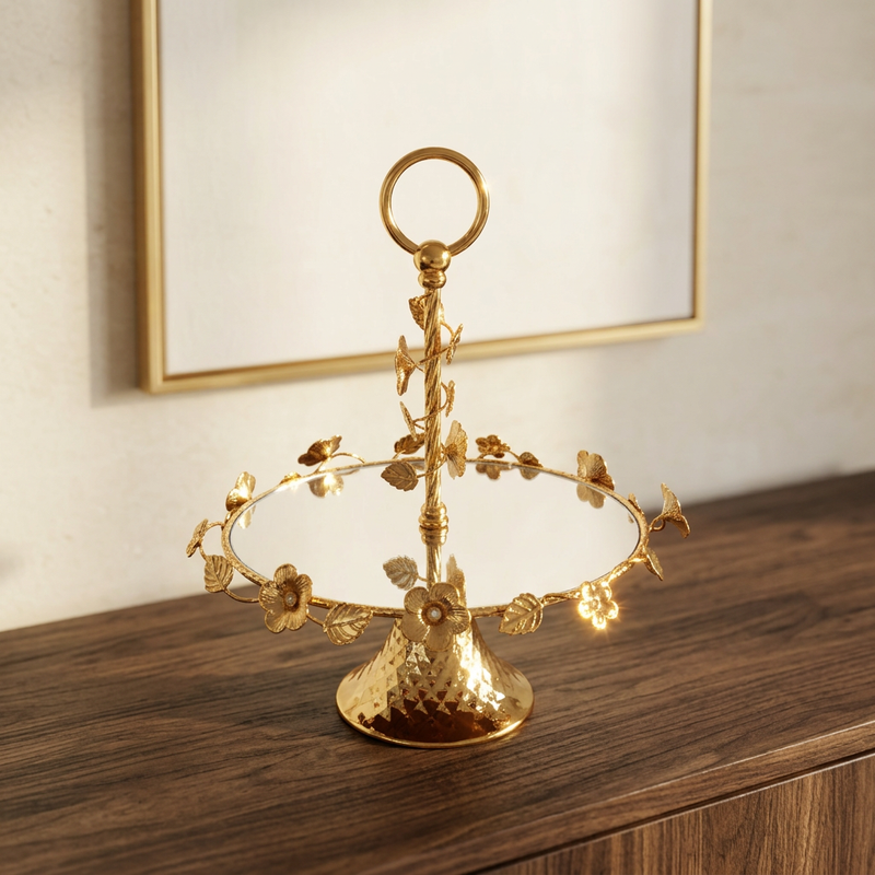 Elegant Gold Blossom Mirrored Serving Platter