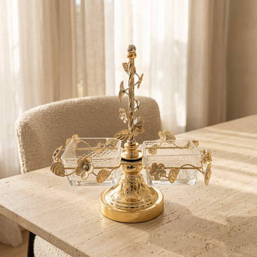 2-Bowl Gold Floral Vine Crystal Serving Caddy