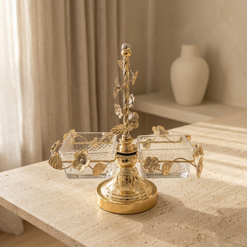 2-Bowl Gold Floral Vine Crystal Serving Caddy