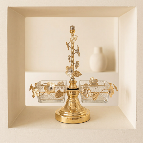2-Bowl Gold Floral Vine Crystal Serving Caddy