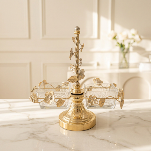 2-Bowl Gold Floral Vine Crystal Serving Caddy