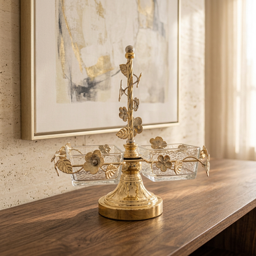 2-Bowl Gold Floral Vine Crystal Serving Caddy