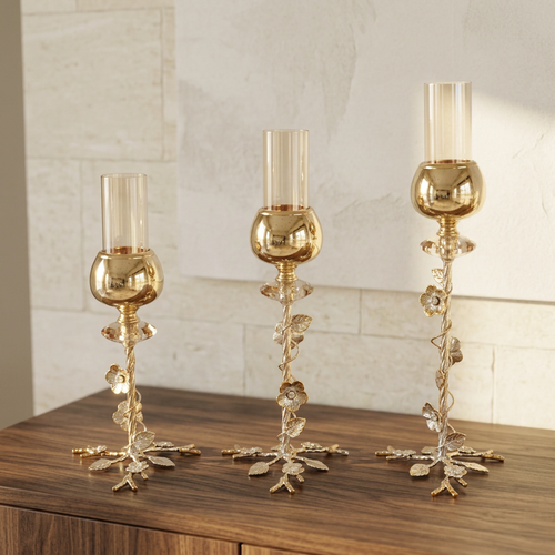 3 Piece Floral Vine Gold & Amber Glass Pillar Candle Holder Set