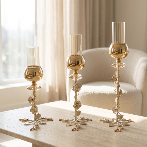 3 Piece Floral Vine Gold & Amber Glass Pillar Candle Holder Set