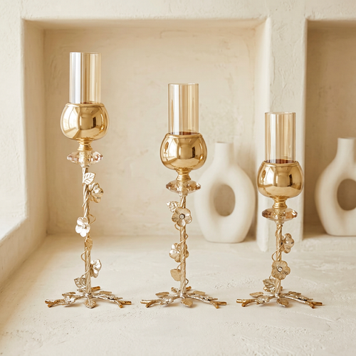 3 Piece Floral Vine Gold & Amber Glass Pillar Candle Holder Set