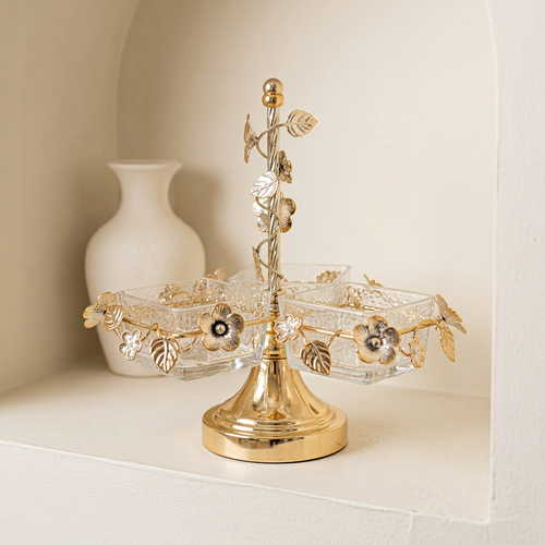 3-Bowl Gold Floral Vine Crystal Serving Caddy