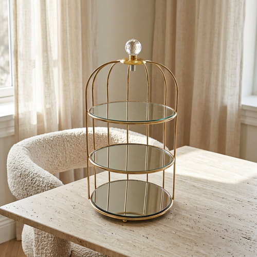 3 Tier Gold Cage Glass Dessert & Vanity Organizer Stand