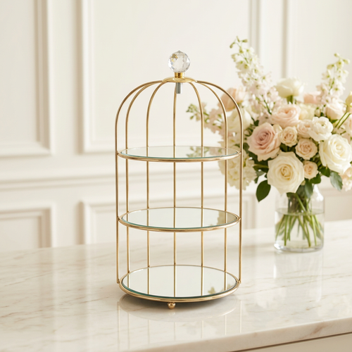 3 Tier Gold Cage Glass Dessert & Vanity Organizer Stand