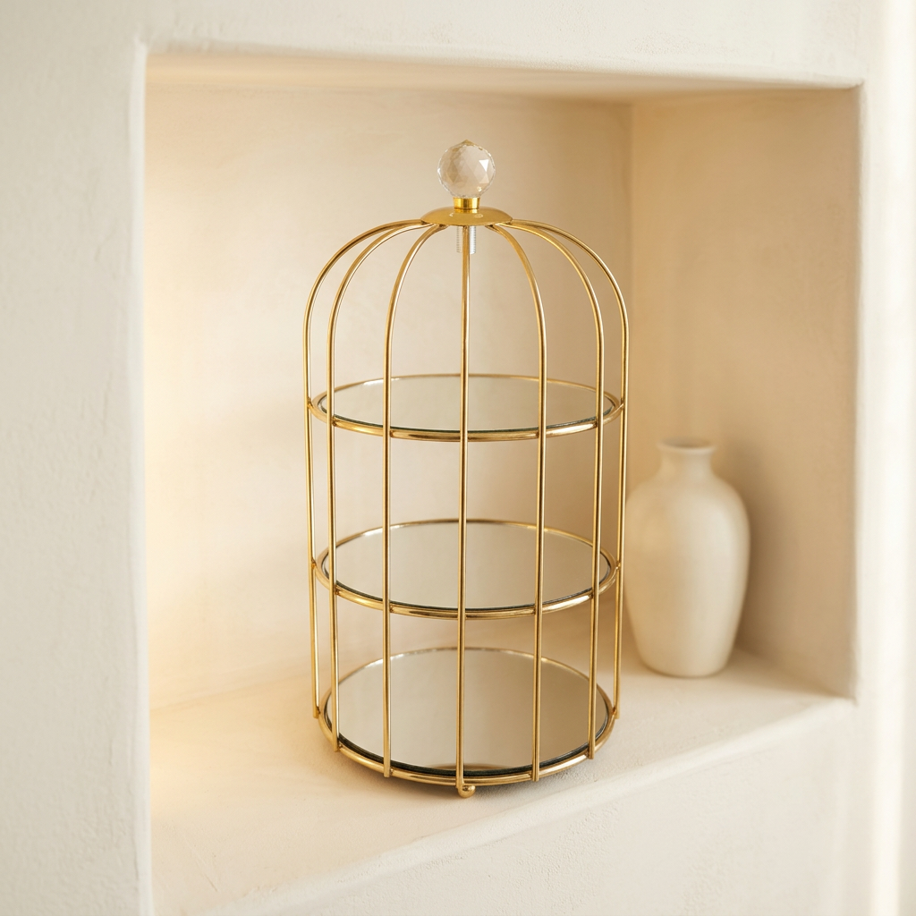 3 Tier Gold Cage Glass Dessert & Vanity Organizer Stand