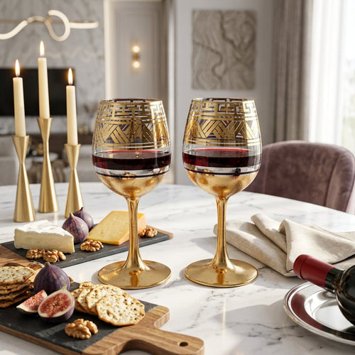 Greek Key Gold Etched Wine Glasses Set of 6