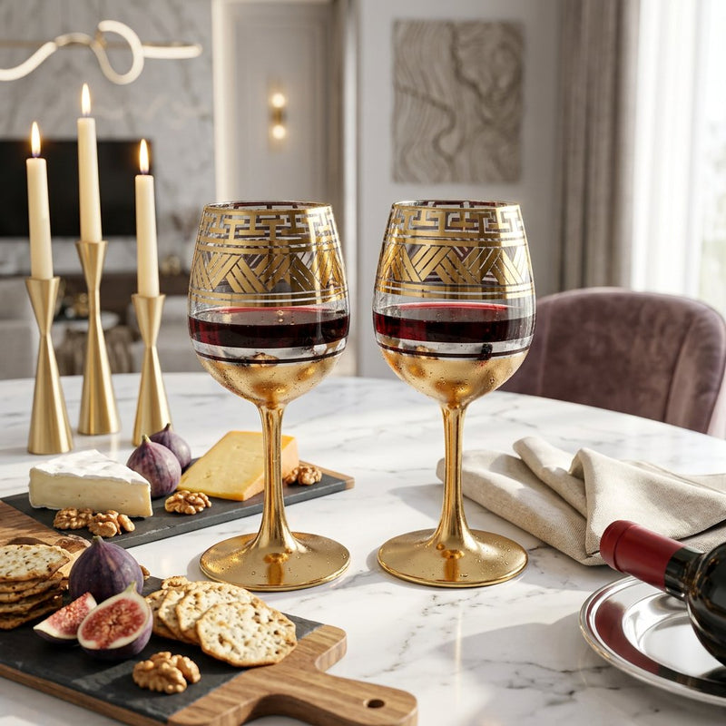 Greek Key Gold Etched Wine Glasses Set of 6