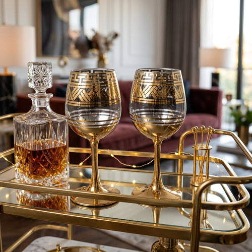 Greek Key Gold Etched Wine Glasses Set of 6