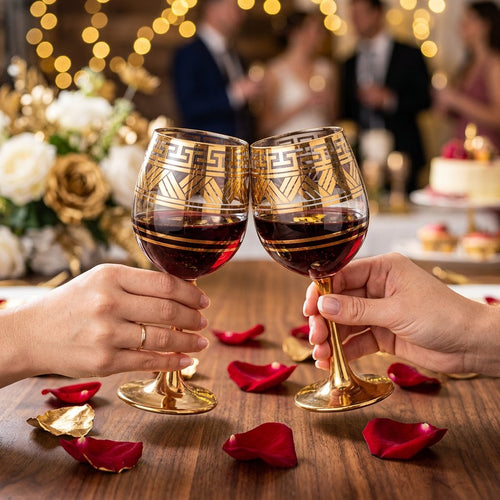 Greek Key Gold Etched Wine Glasses Set of 6