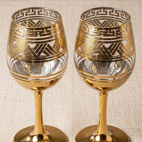 Greek Key Gold Etched Wine Glasses Set of 6