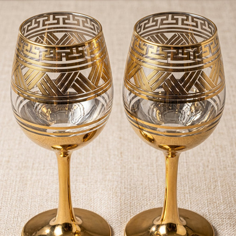 Greek Key Gold Etched Wine Glasses Set of 6