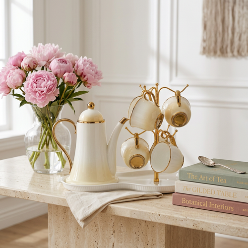 Luxury Soft Yellow 8-Piece Tea Set with Gilded Stand