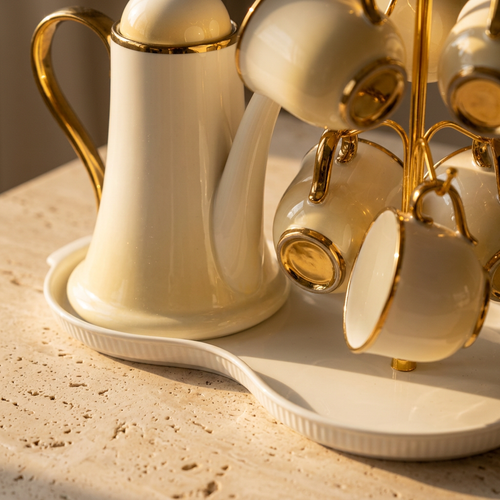 Luxury Soft Yellow 8-Piece Tea Set with Gilded Stand