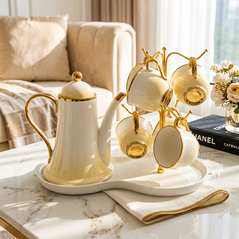 Luxury Soft Yellow 8-Piece Tea Set with Gilded Stand