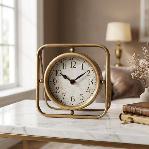 Modern Geometric Brass Gyroscope Desk Clock