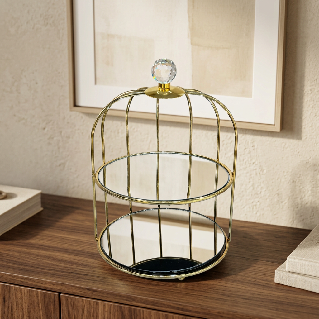 2 Tier Gold Cage Glass Dessert & Vanity Organizer Stand