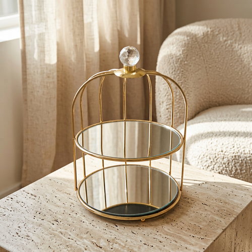 2 Tier Gold Cage Glass Dessert & Vanity Organizer Stand