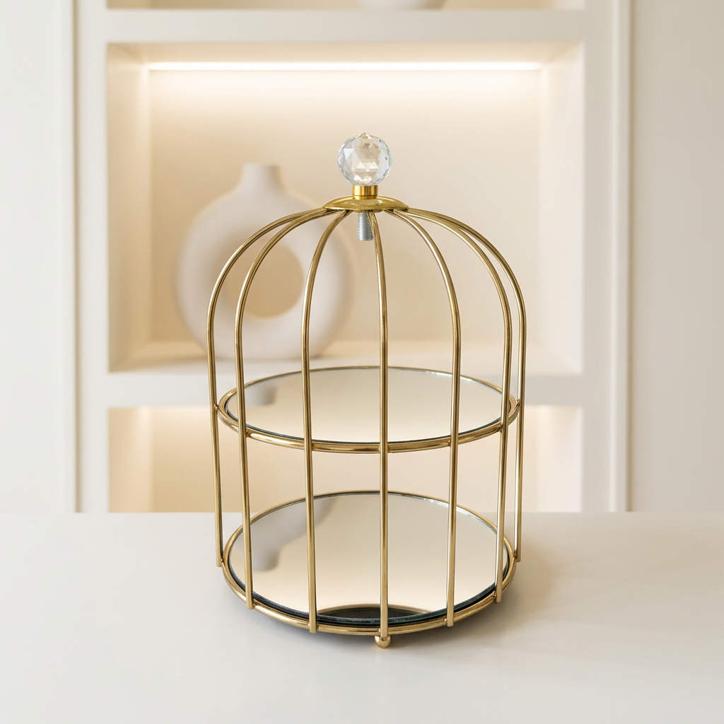 2 Tier Gold Cage Glass Dessert & Vanity Organizer Stand
