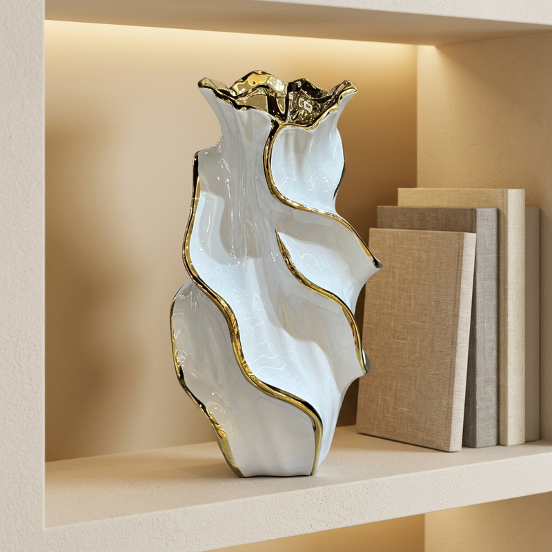 Golden Wave Ceramic Sculpture Vase
