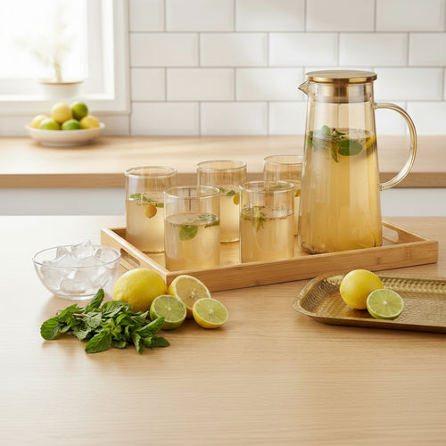 Amber Glass Water Pitcher and Glasses Set 8 Piece