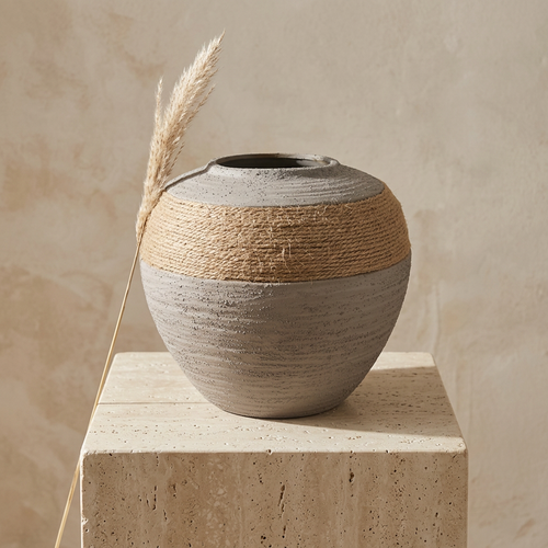 Grey Textured Round Flower Vase with Jute Rope
