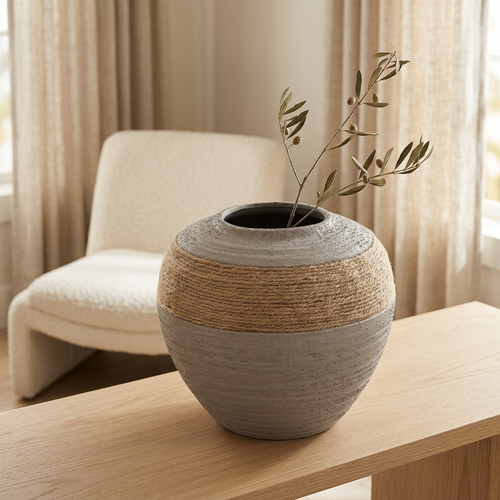 Grey Textured Round Flower Vase with Jute Rope