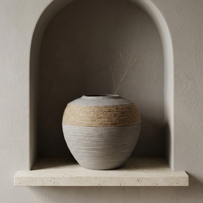 Grey Textured Round Flower Vase with Jute Rope