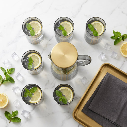 Greek Smokey Grey Glass Pitcher and Beverage Glass Set 7 Piece