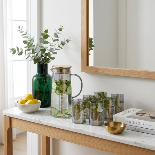 Greek Smokey Grey Glass Pitcher and Beverage Glass Set 7 Piece