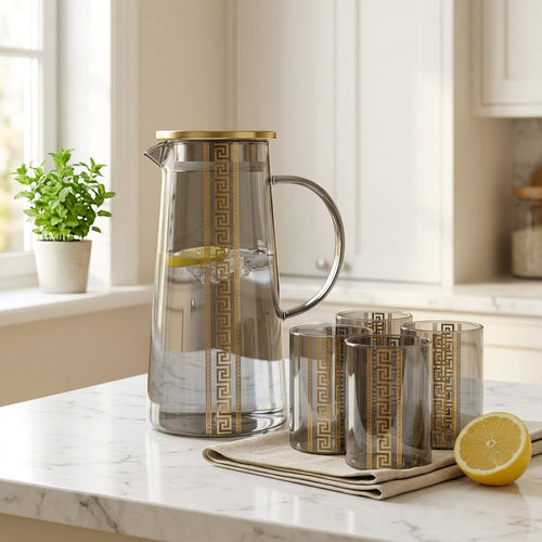 Greek Smokey Grey Glass Pitcher and Beverage Glass Set 7 Piece