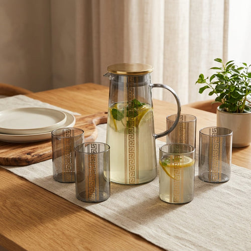 Greek Smokey Grey Glass Pitcher and Beverage Glass Set 7 Piece