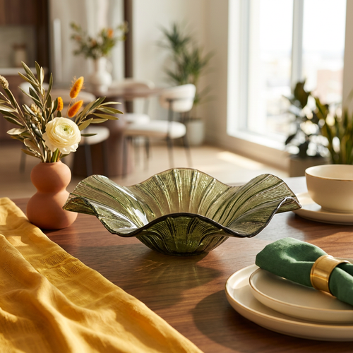 Olive Wave Sculptural Textured Glass Centerpiece