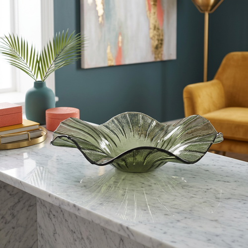 Olive Wave Sculptural Textured Glass Centerpiece