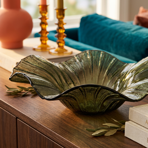 Olive Wave Sculptural Textured Glass Centerpiece