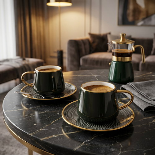 Elegant Dark Green with Gold Rims & Textured Saucer set of 6