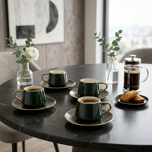 Elegant Dark Green with Gold Rims & Textured Saucer set of 6