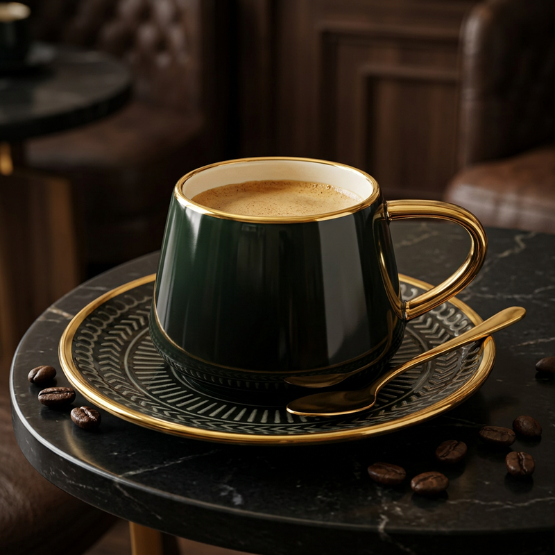 Elegant Dark Green with Gold Rims & Textured Saucer set of 6