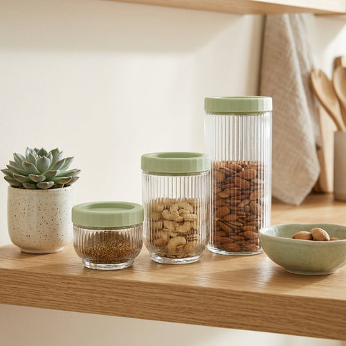 Elegant Sage Ribbed Glass Canister Set of 3