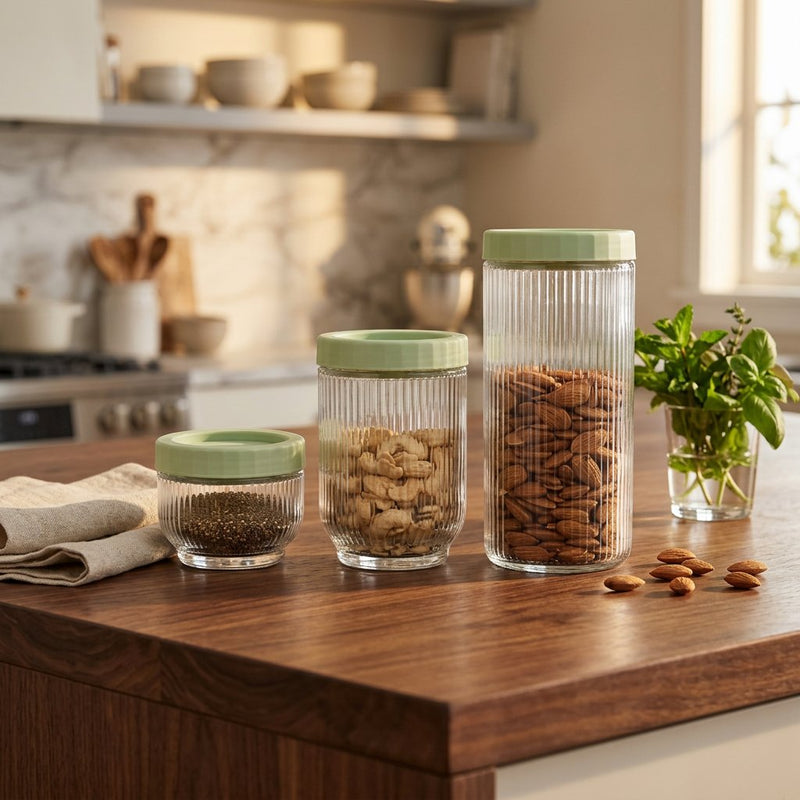 Elegant Sage Ribbed Glass Canister Set of 3