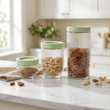 Elegant Sage Ribbed Glass Canister Set of 3