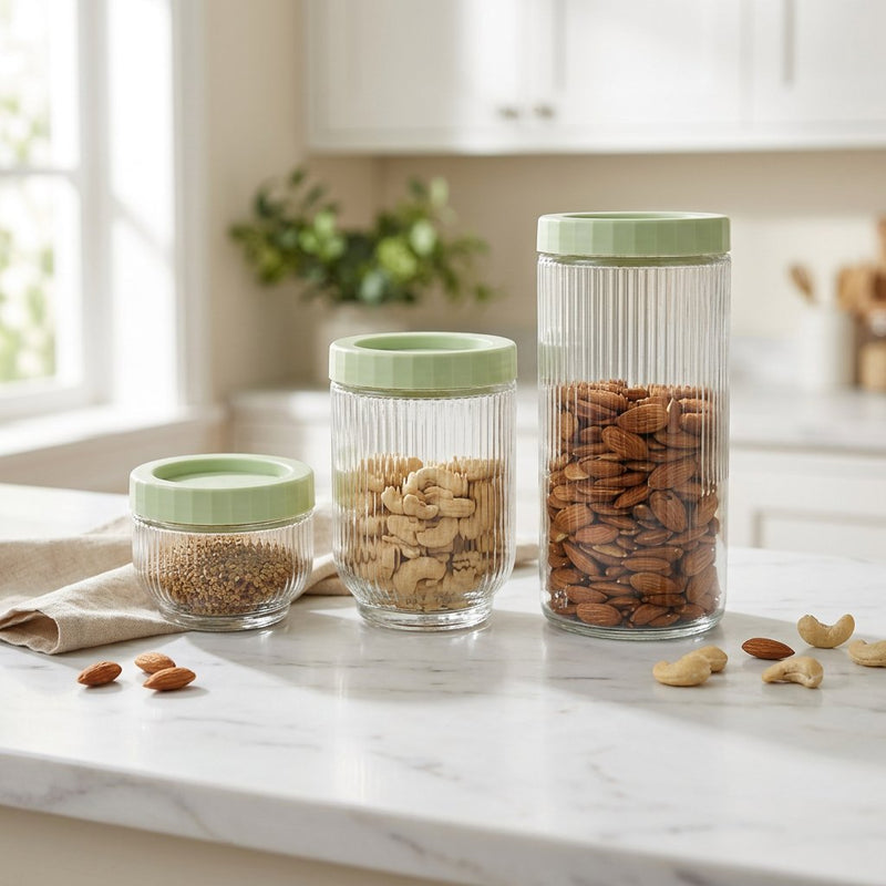 Elegant Sage Ribbed Glass Canister Set of 3