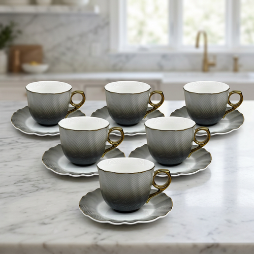 Modern Grey Teacup with Edges Saucer & Gold Handle Set of 6