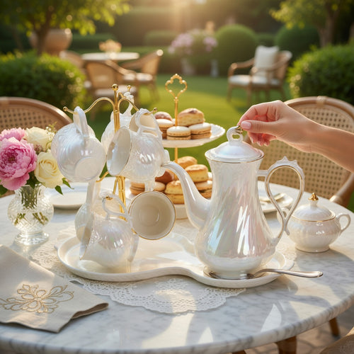 Elegant Pearl Swirl Tea Set With Tray & Stand