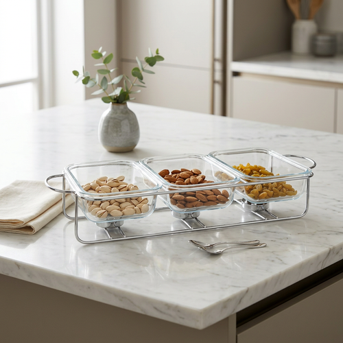 Modern 3 Compartment Glass Casserole Set with Chrome Display Stand