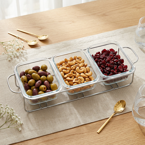 Modern 3 Compartment Glass Casserole Set with Chrome Display Stand